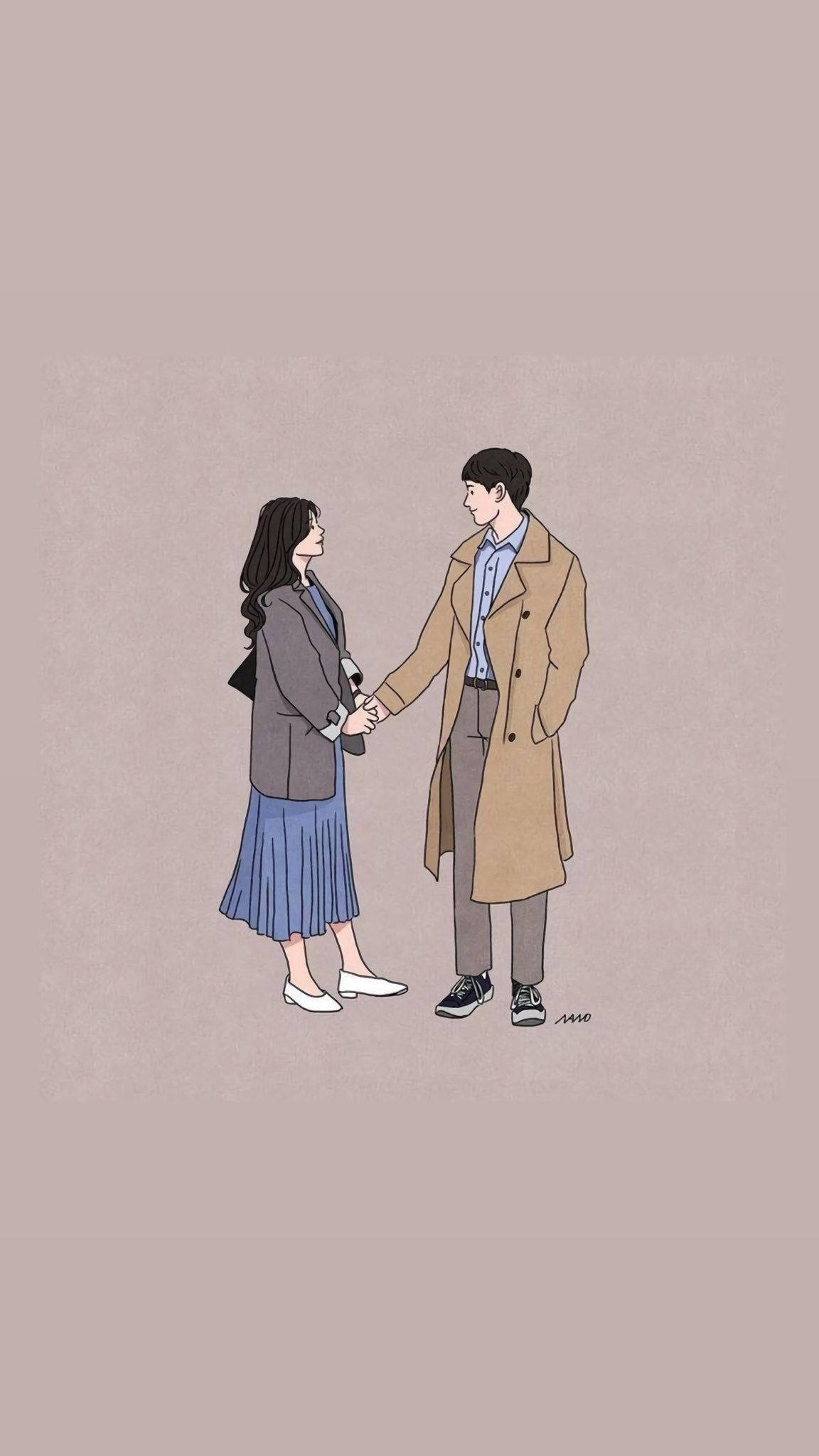 aesthetic couple drawing, pink, soft beige background, Full HD Phone Wallpaper