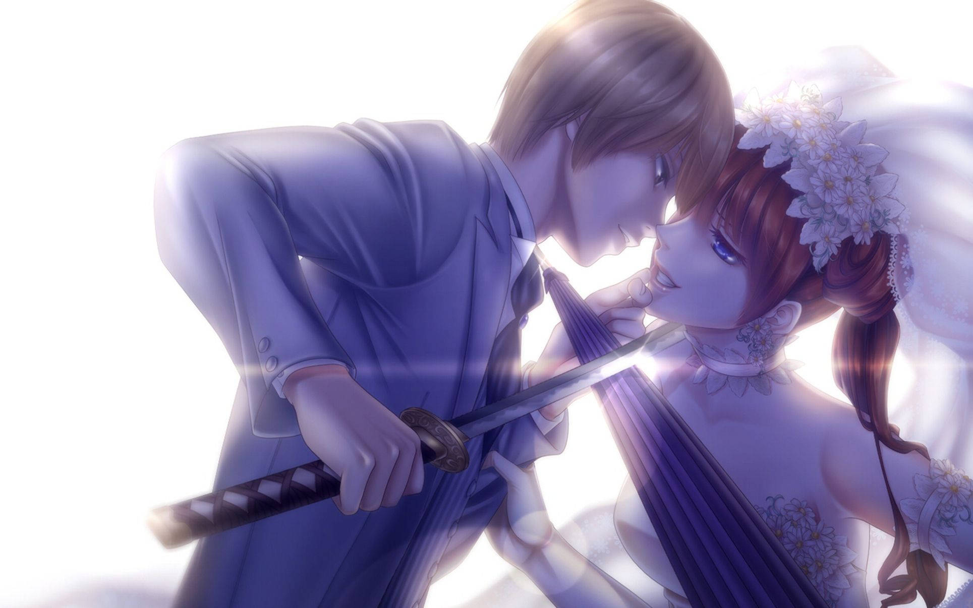 cute couple drawing, anime couple, katana, Full HD Desktop Wallpaper