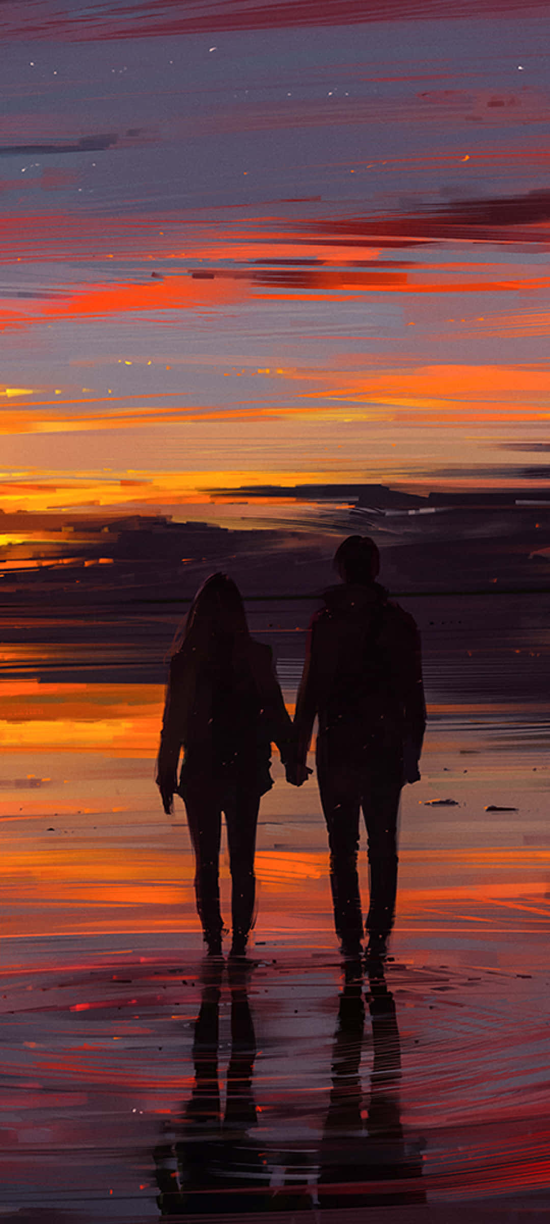 sunset couple paint art, silhouetted couple, wet beach, Full HD Phone Wallpaper