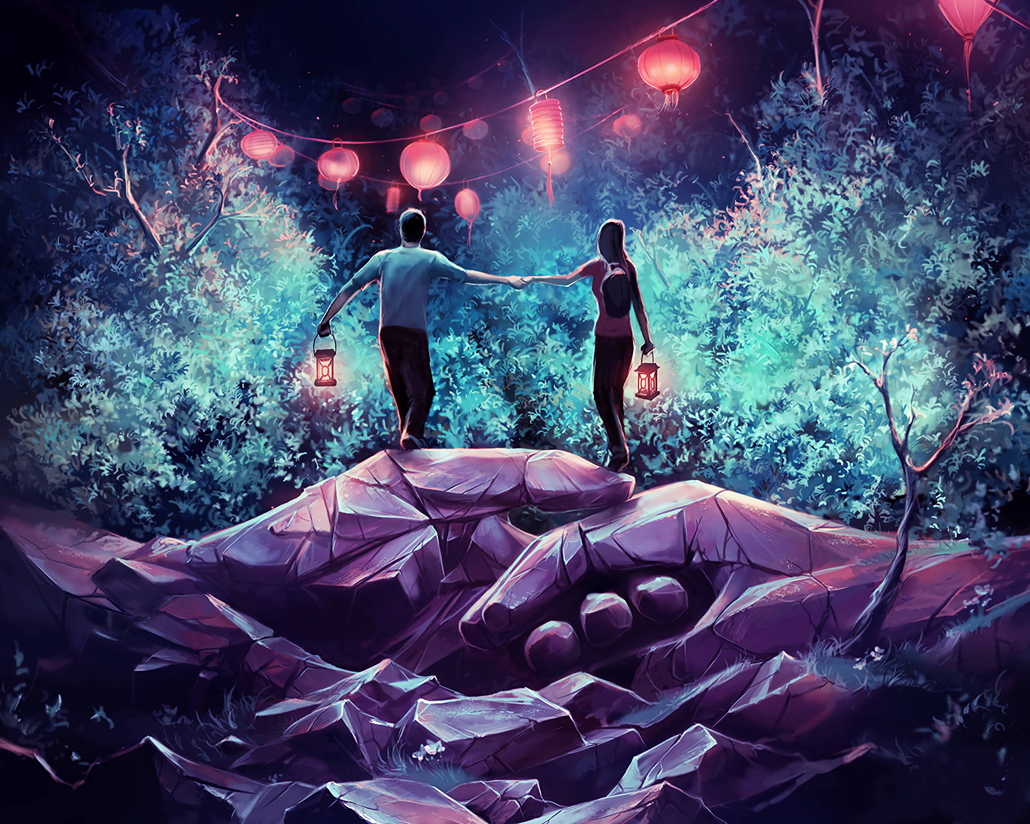 fantasy world, giant purple hand, glowing red paper lanterns, 2K Desktop Wallpaper
