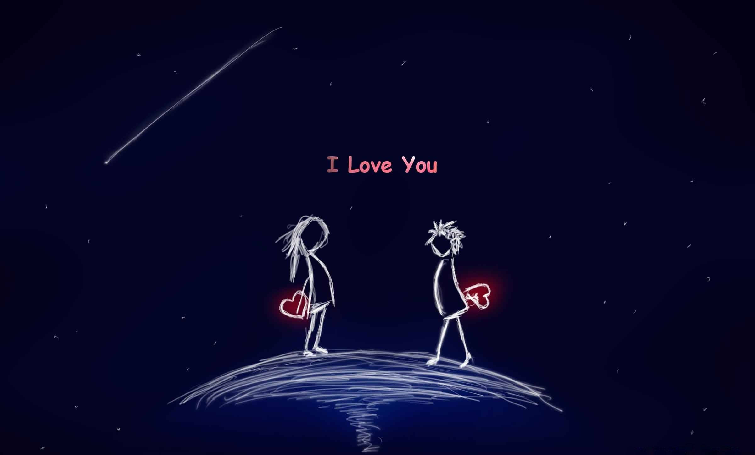Aesthetic Couple Neon Art, glowing hearts, starry night sky, Full HD Desktop Wallpaper