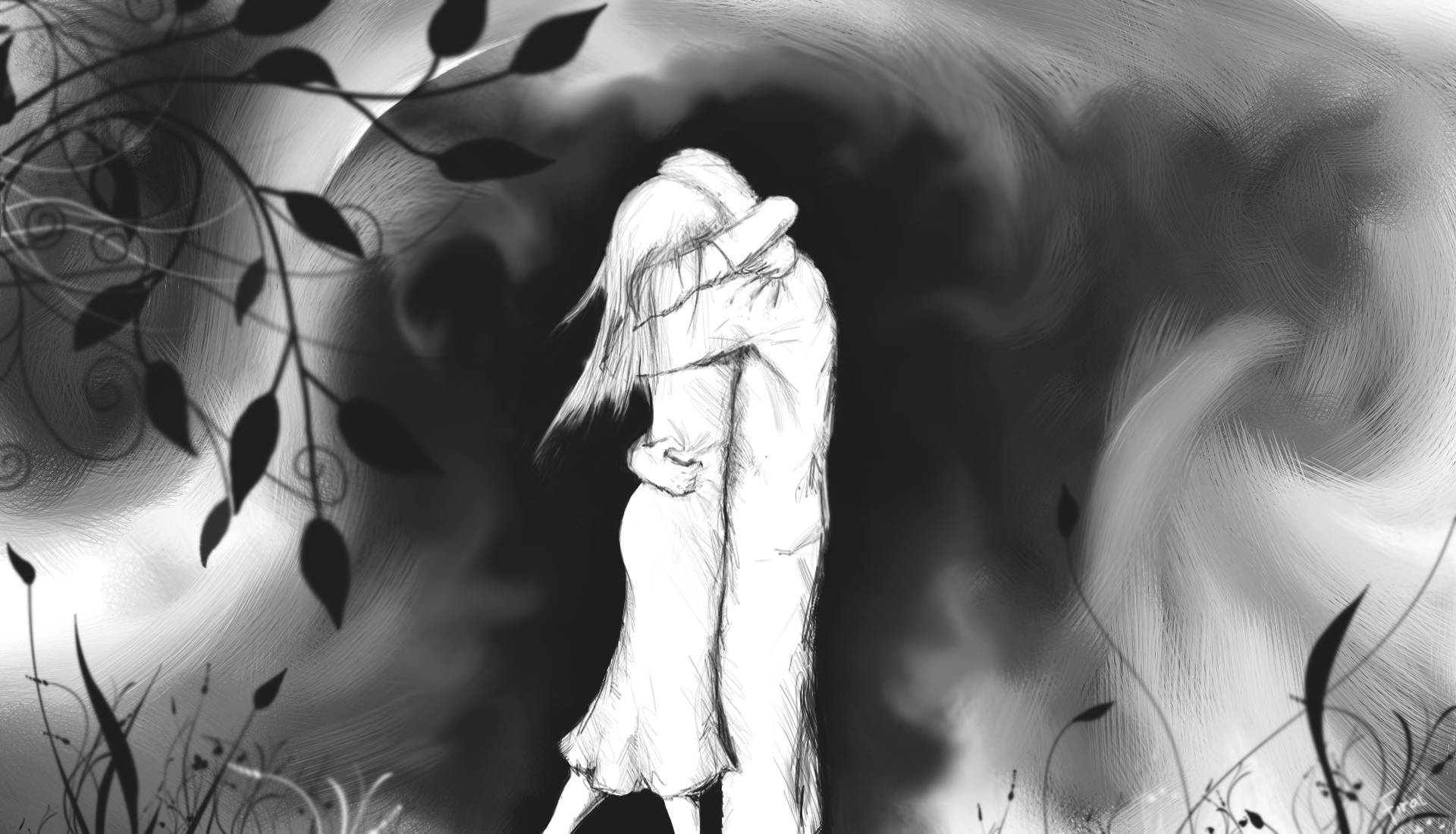 monochrome, anime-style, couple embraces, Full HD Desktop Wallpaper