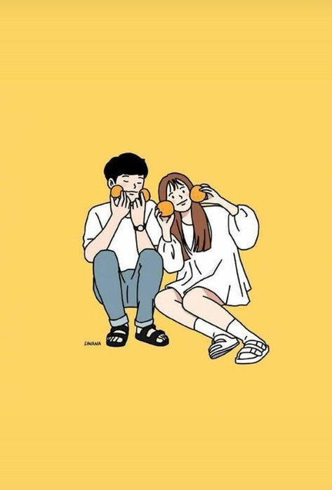 cute cartoon couple, yellow background, orange, SD Phone Wallpaper