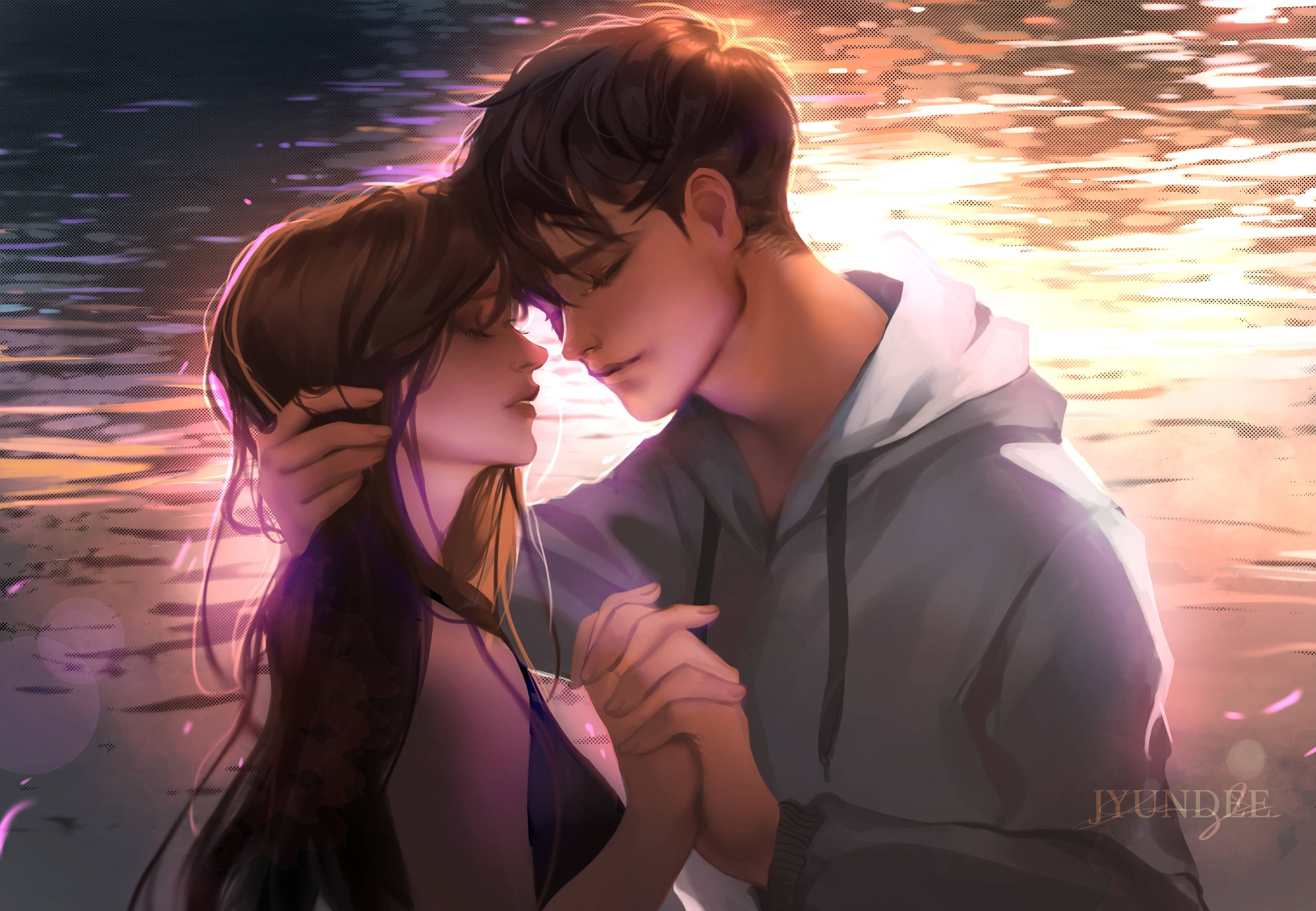 anime couple, glowing water, sunset, 2K Desktop Wallpaper
