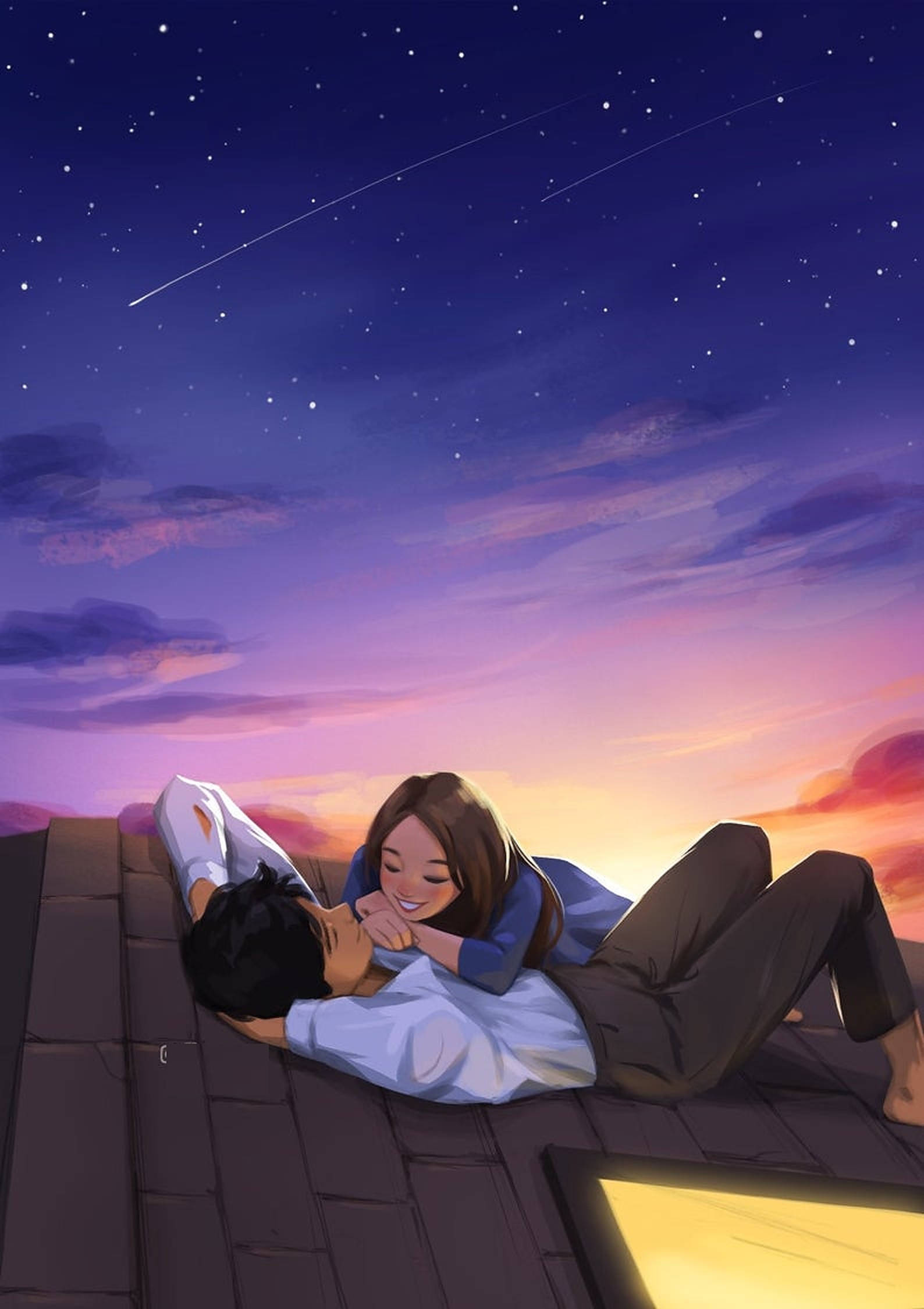couple, rooftop, starry twilight sky, Full HD Phone Wallpaper
