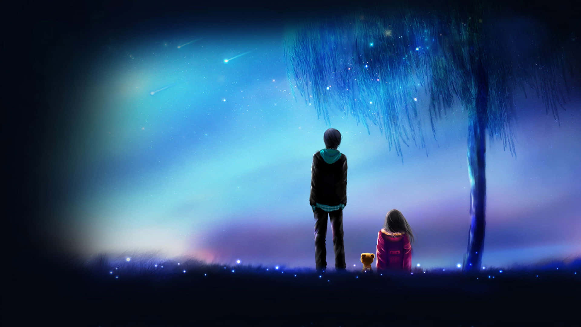 anime couple, starry night sky, glowing tree, Full HD Desktop Wallpaper