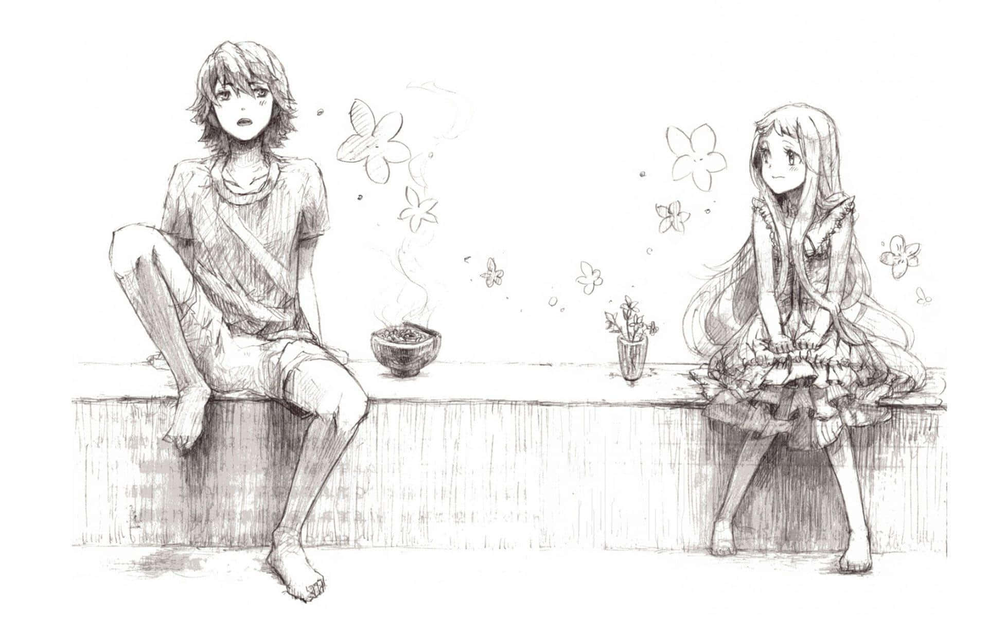 Contemplative Duo Sketch, anime-style characters, ledge, Full HD Desktop Wallpaper
