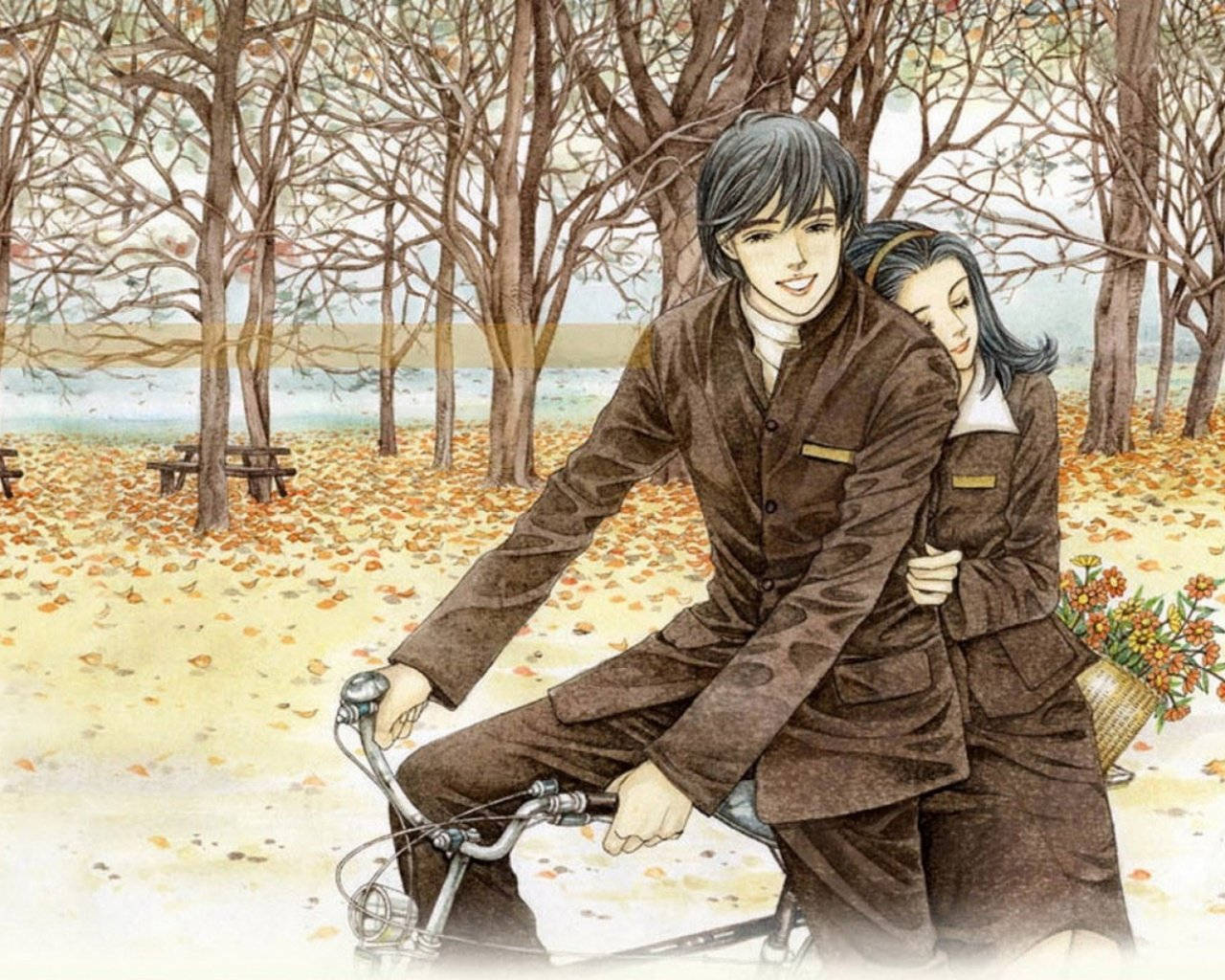 cute couple matching, riding bicycle, autumn park, HD Desktop Wallpaper