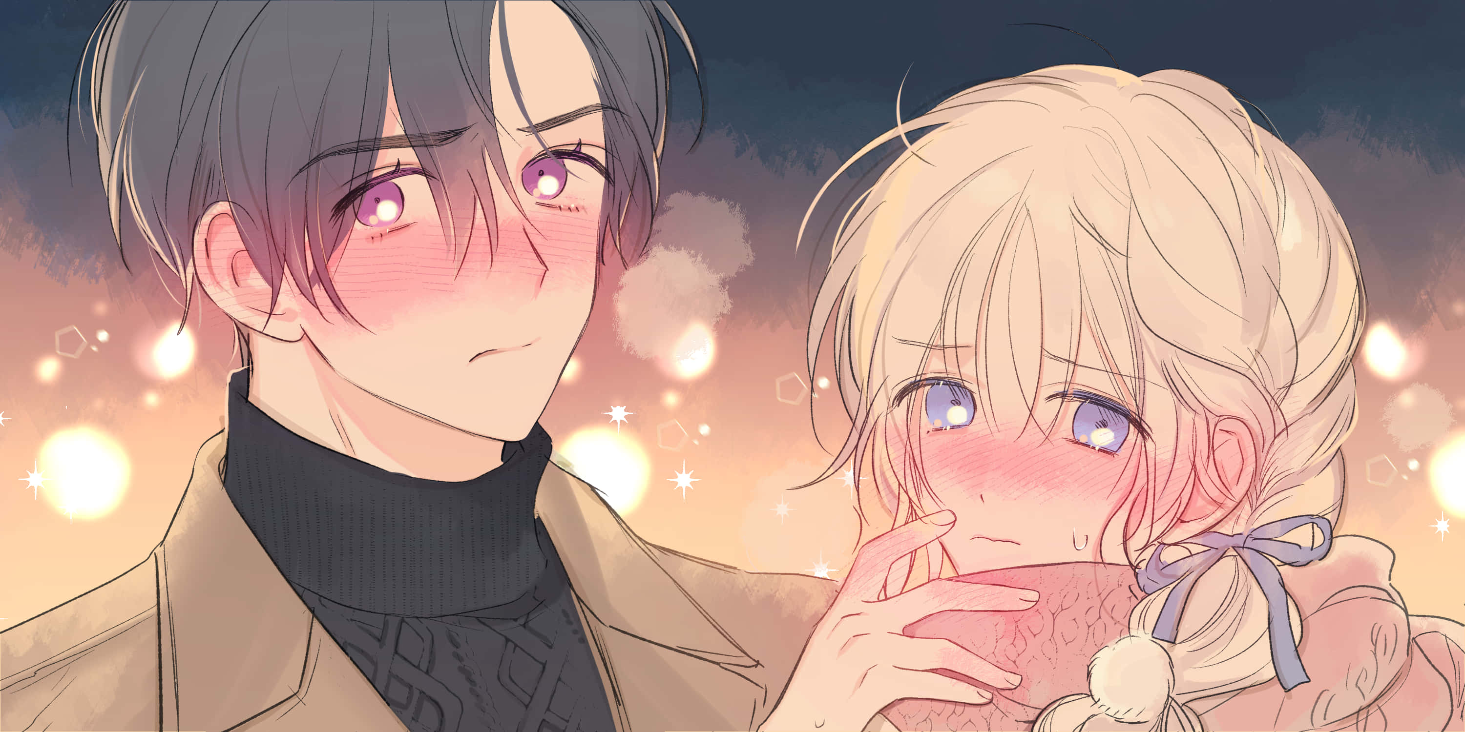 blushing anime couple, flushed cheeks, tender gaze, 2K Desktop Wallpaper
