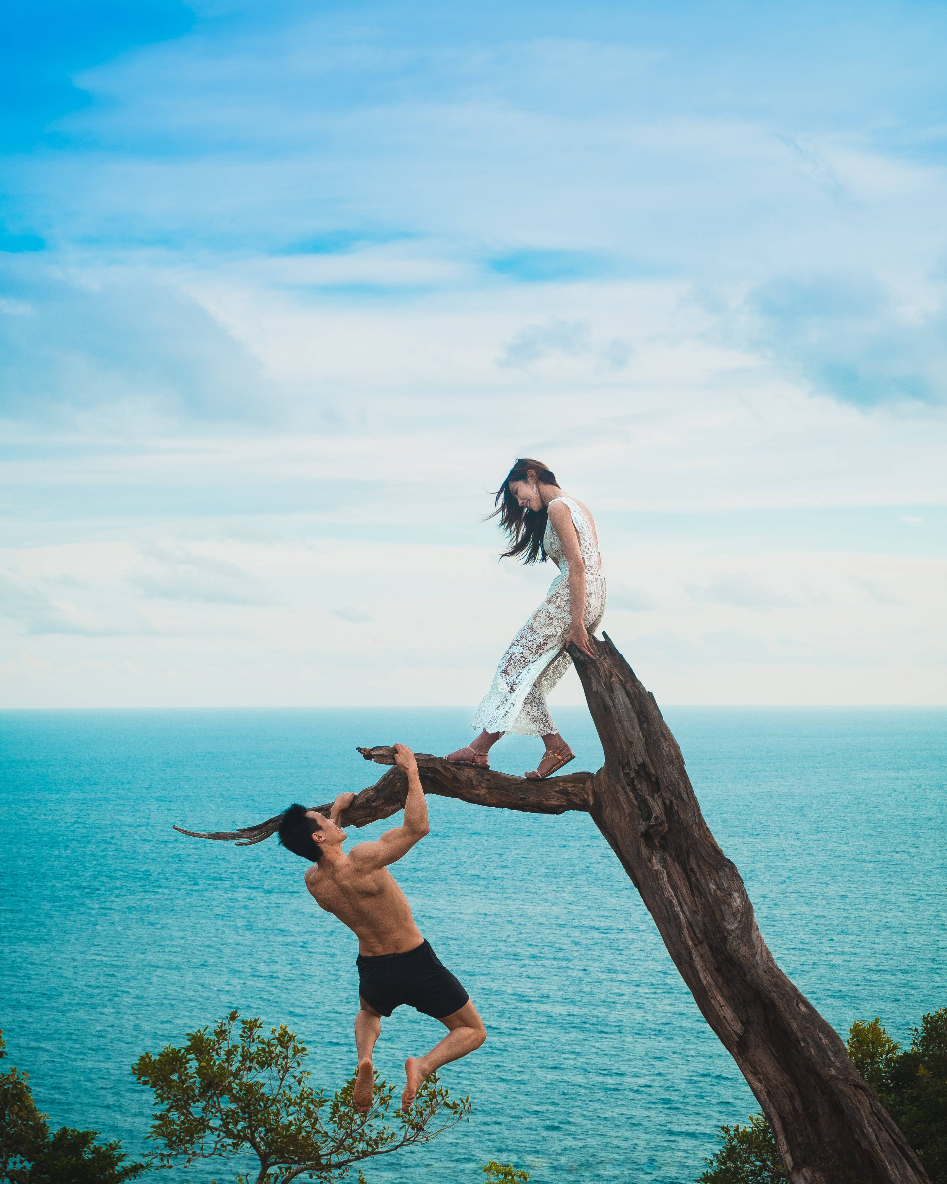 tree root, white dress, turquoise ocean, 4K Phone Wallpaper