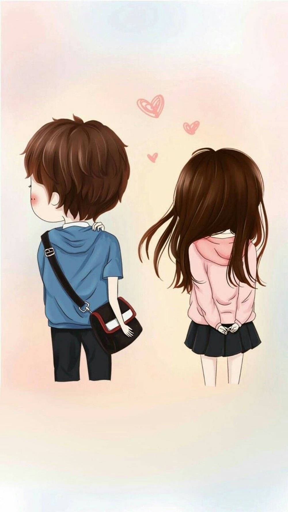 anime-style teens, hearts floating, soft pastel gradient background, HD Phone Wallpaper