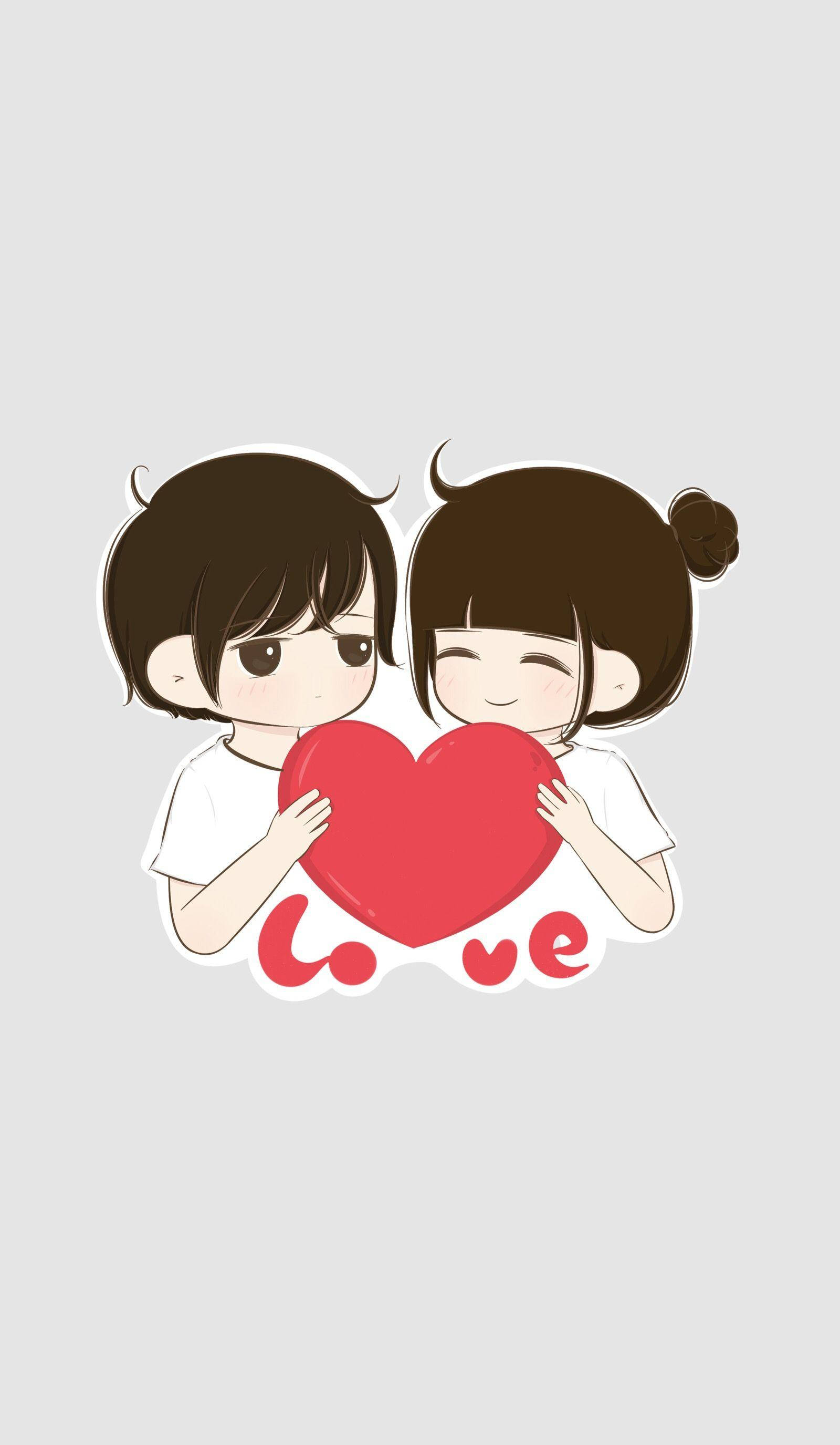 cute cartoon couple, large red heart, word love, 2K Phone Wallpaper