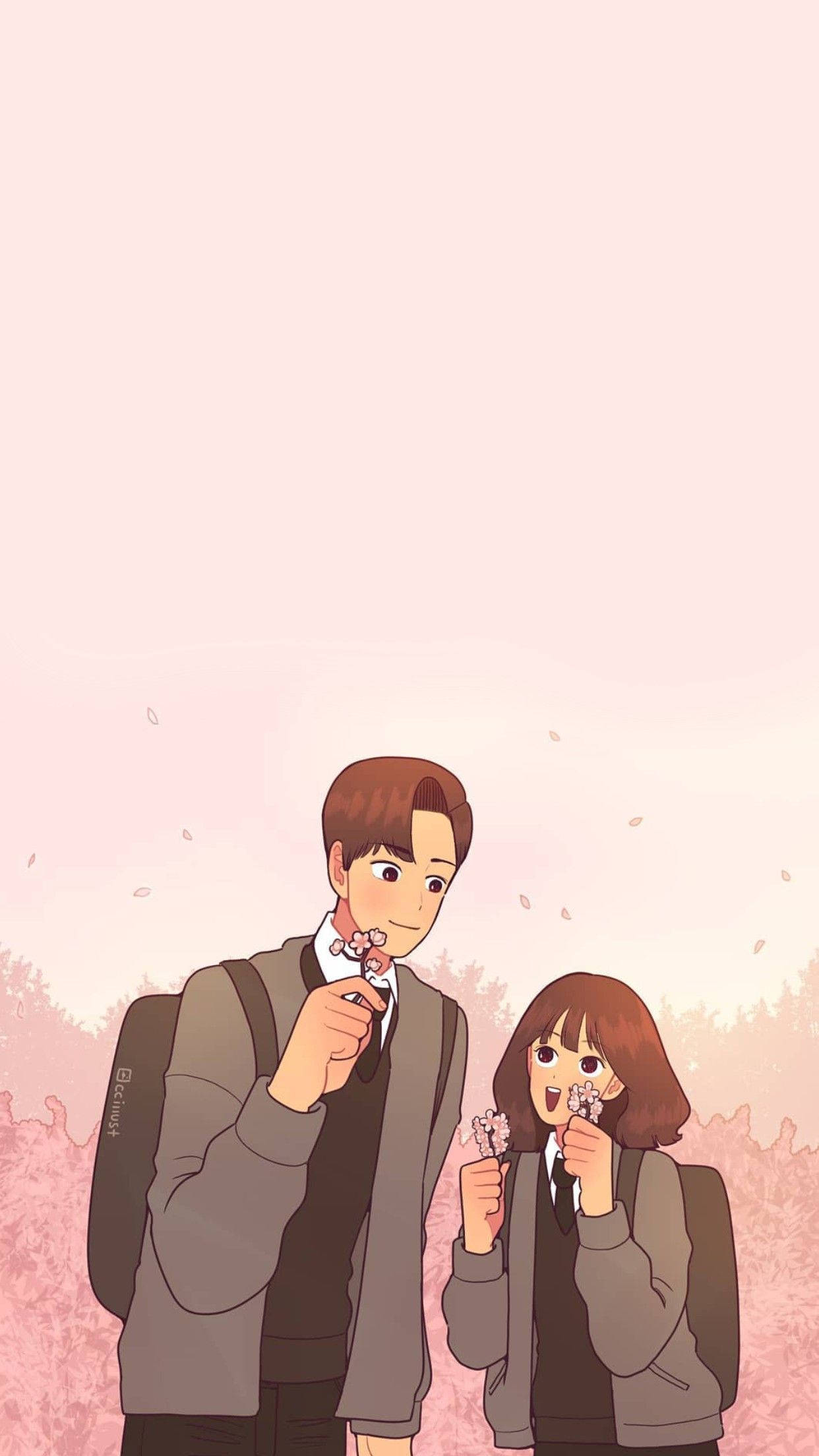 cute cartoon couple, cherry blossoms, anime teens, Full HD Phone Wallpaper