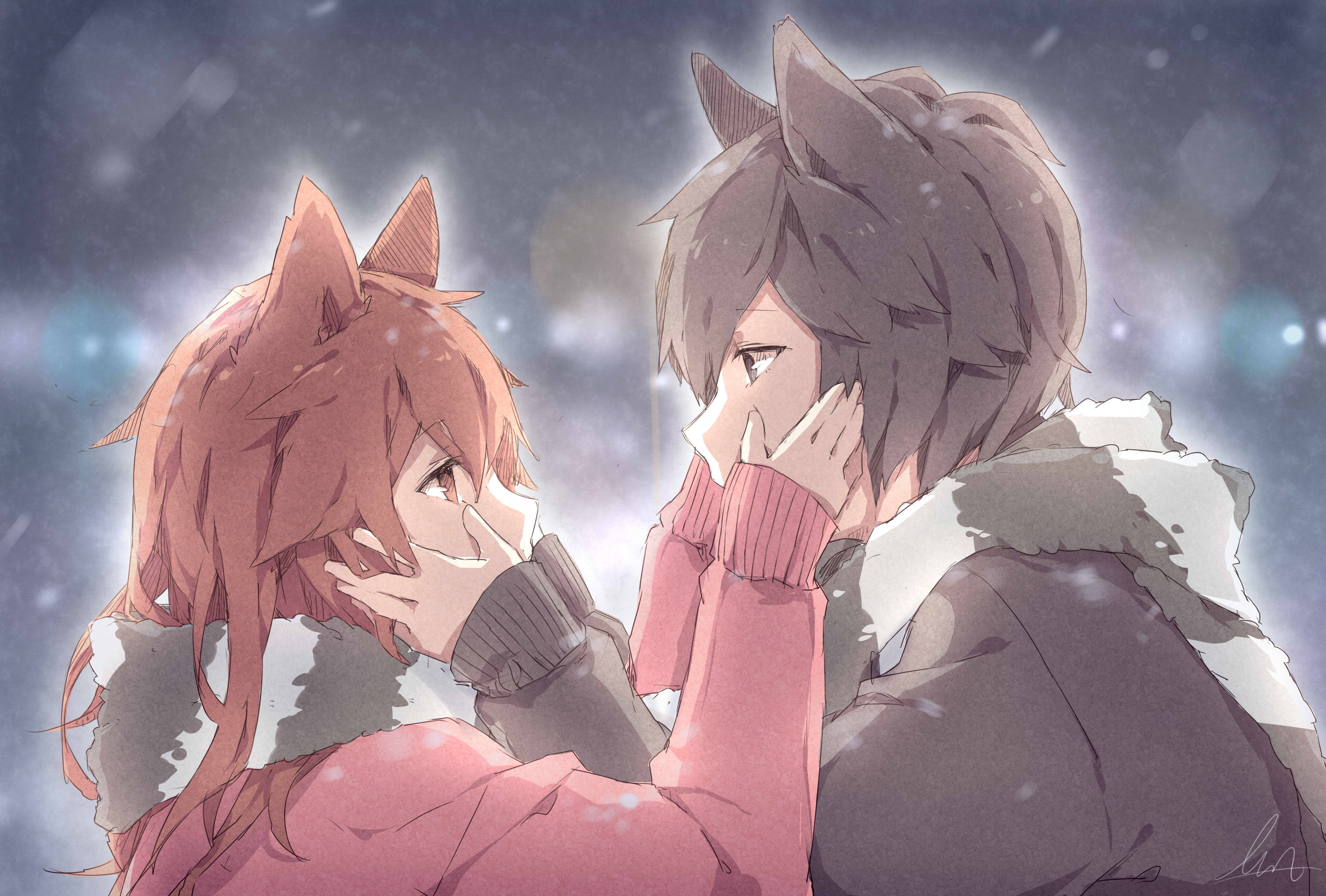 cute kawaii anime couple, fox ears, snowy night scene, 4K Desktop Wallpaper