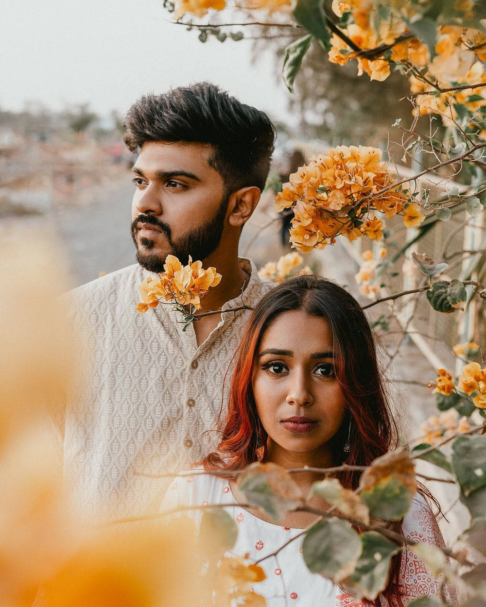 cute couple, yellow flowers, vibrant orange bougainvillea, SD Phone Wallpaper