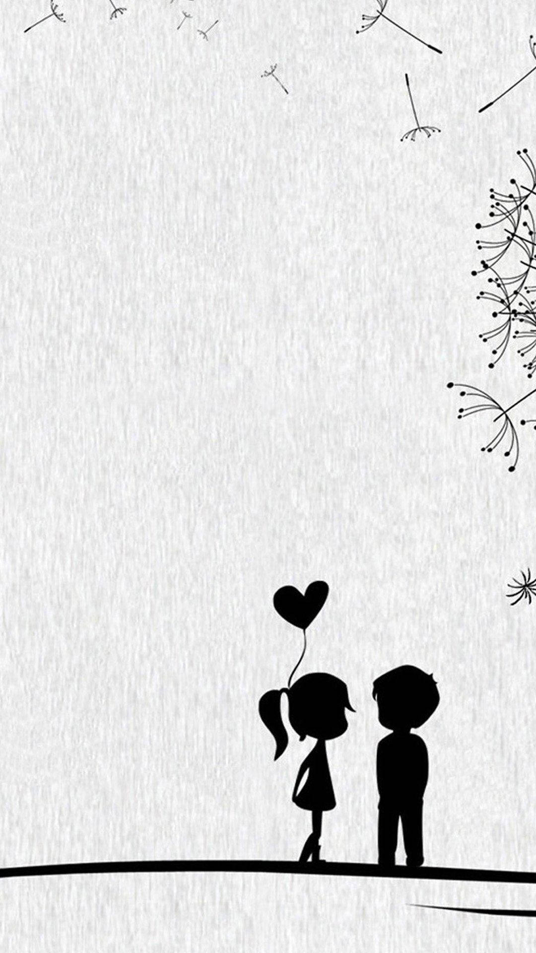 cute couple, silhouette, heart balloon, Full HD Phone Wallpaper