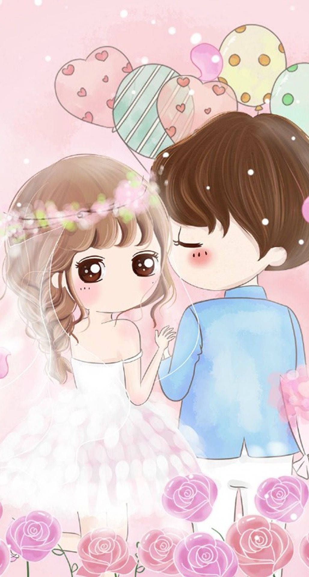 cute chibi couple, wedding clothes, pink roses, Full HD Phone Wallpaper