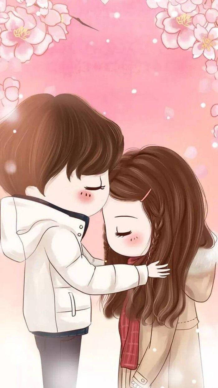 cute cartoon couple, kissing, cherry blossoms, SD Phone Wallpaper