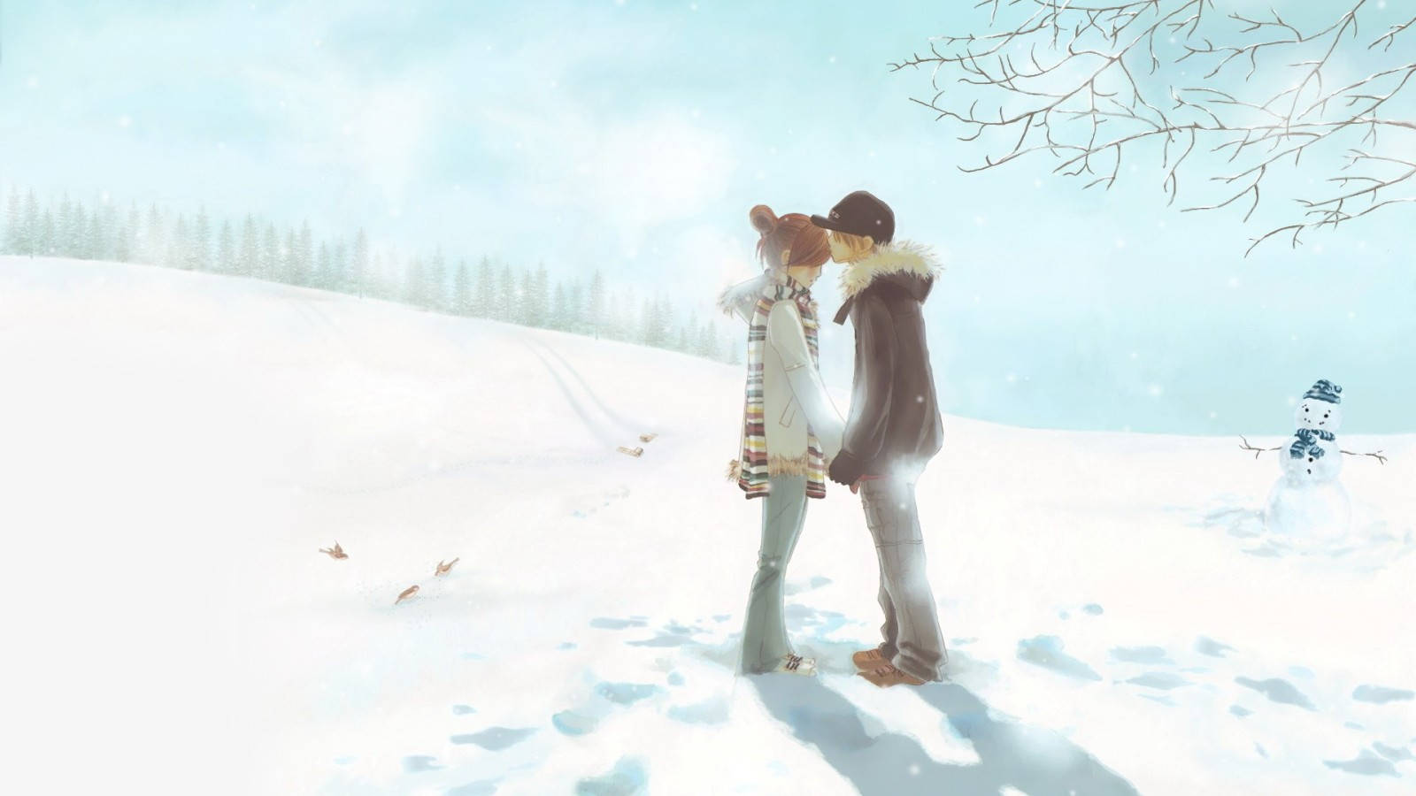 cute cartoon couple, snowy field, snowman, HD Desktop Wallpaper