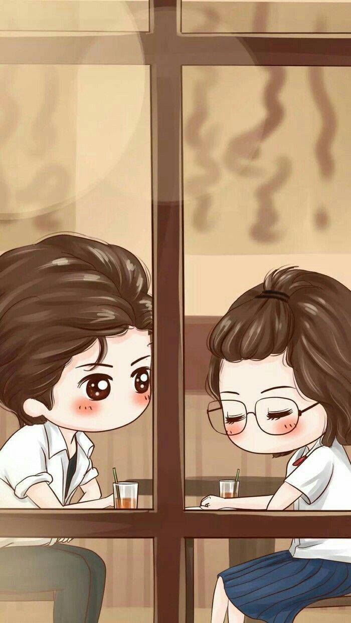 chibi couple, anime-style teens, cafe window, SD Phone Wallpaper