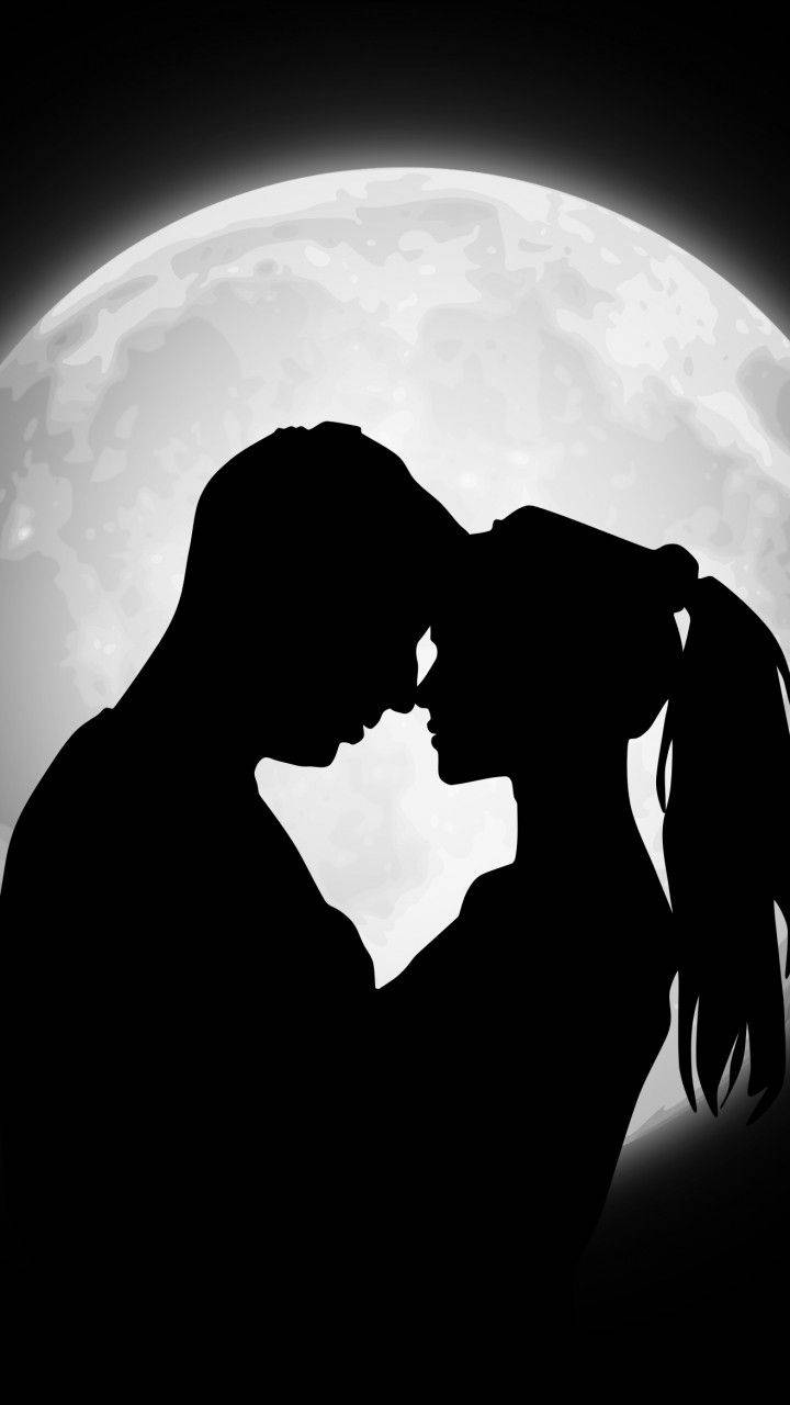 silhouette, cute couple, moonlight, HD Phone Wallpaper