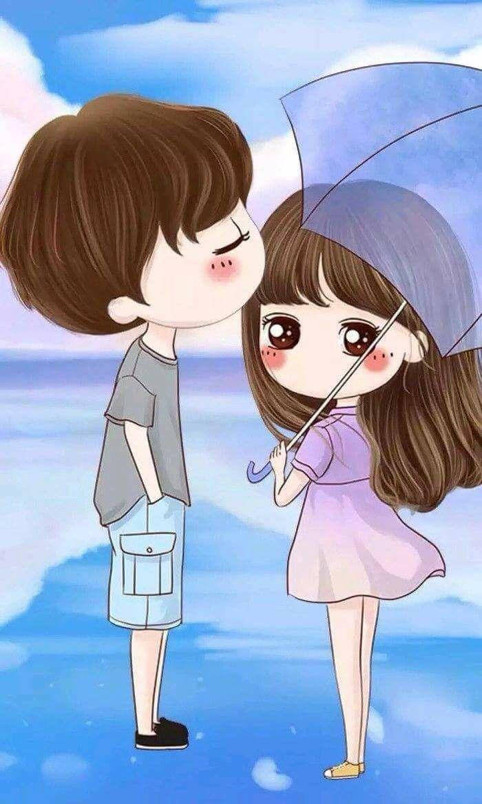 cute couple, blue umbrella, soft sky background, SD Phone Wallpaper