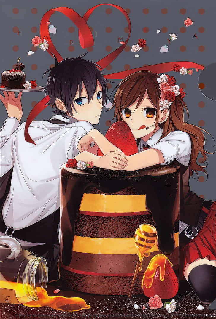 anime teens, giant chocolate cake, strawberries, SD Phone Wallpaper