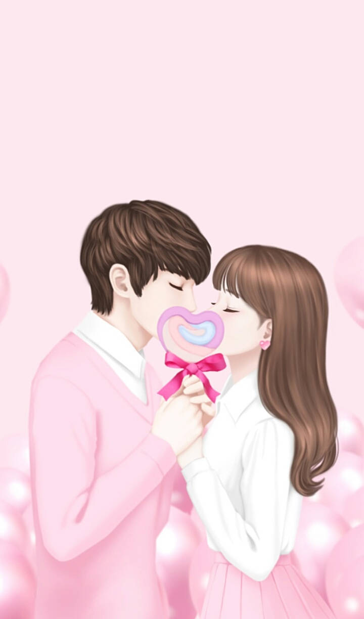 cute couple, heart-shaped lollipop, soft pink, SD Phone Wallpaper