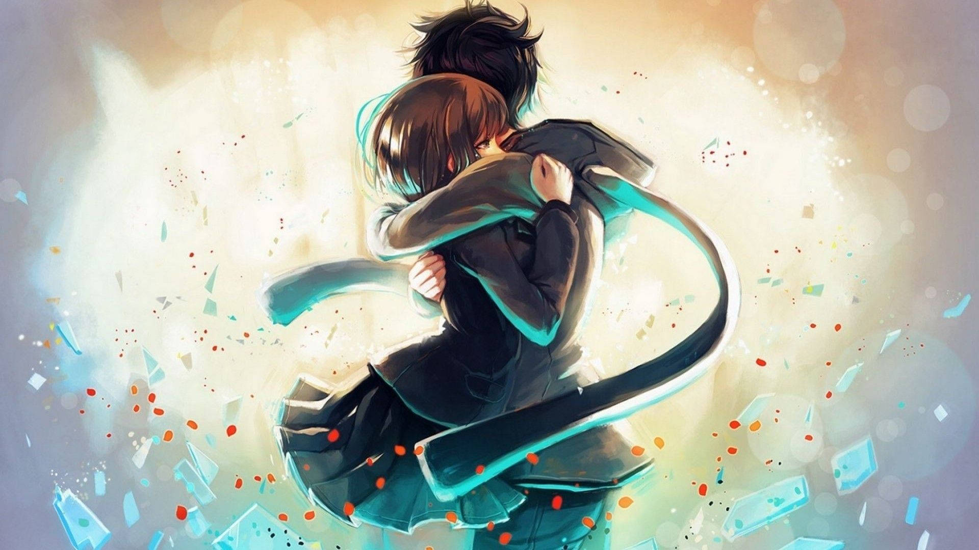 anime cute couple drawing, colorful shards, bokeh lights, Full HD Desktop Wallpaper
