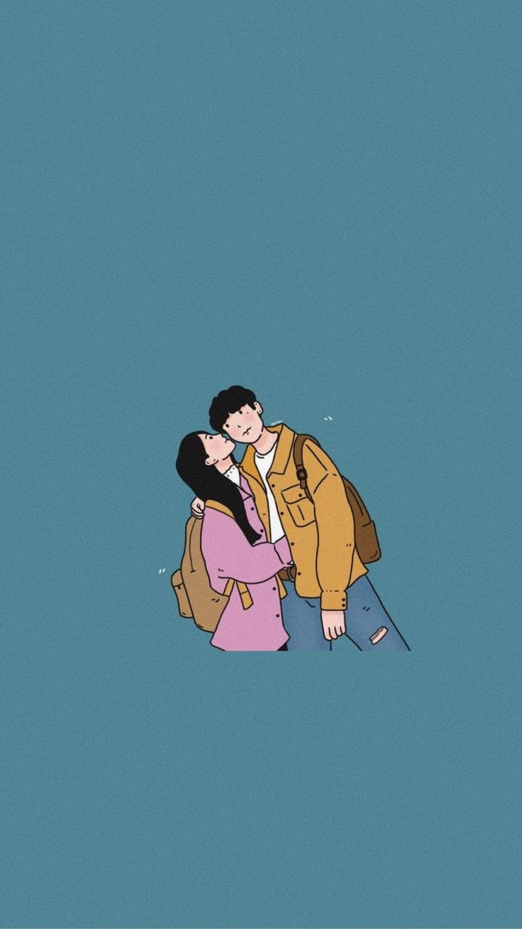 Cute Couple Cartoon, teal background, minimalist digital illustration, HD Phone Wallpaper