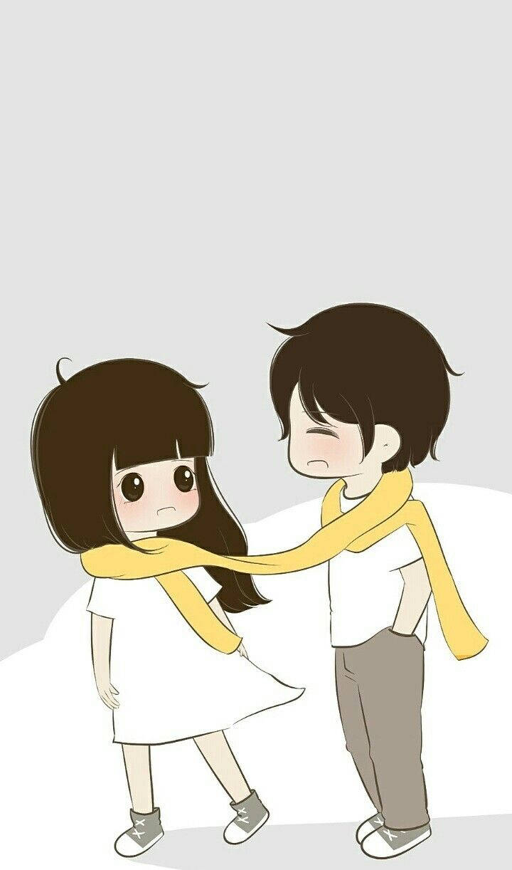 cute couple cartoon, yellow scarf, anime-style couple, SD Phone Wallpaper