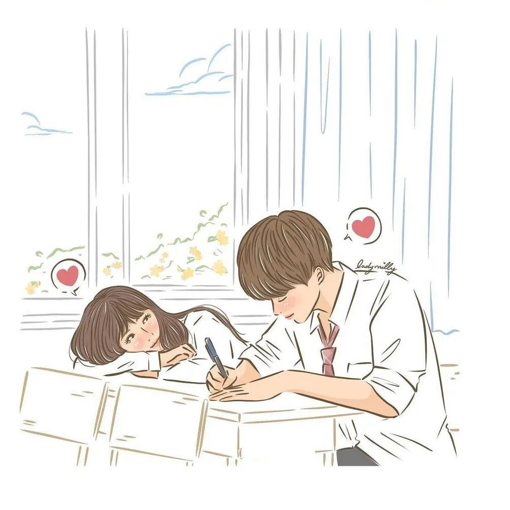 High School Cute Couple Cartoon, anime-style couple, desk, SD Desktop Wallpaper
