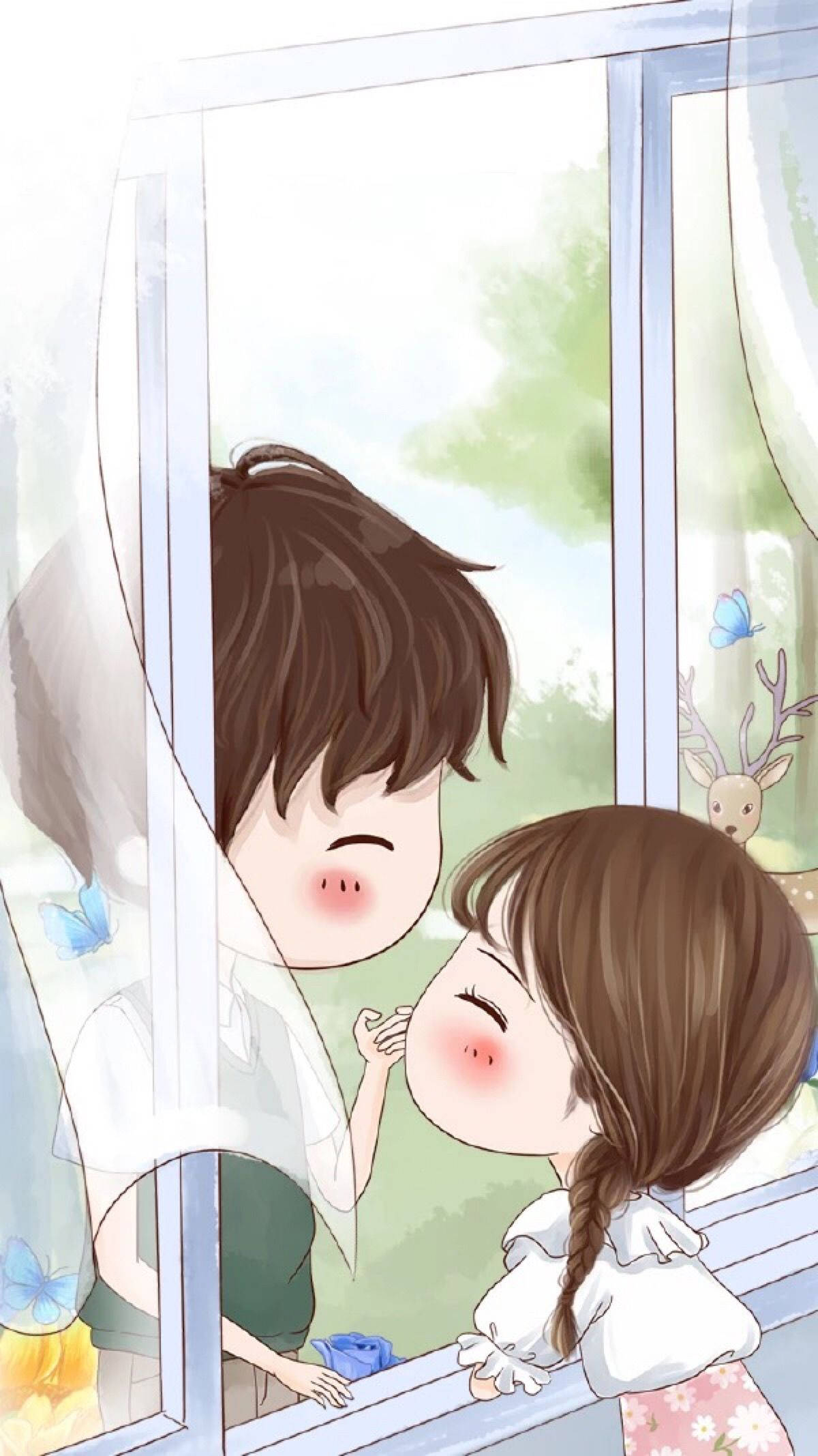 cute couple cartoon, deer, anime-style teens, Full HD Phone Wallpaper