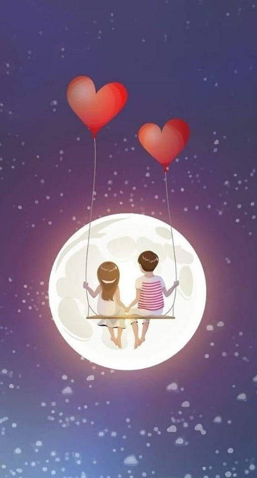 cute couple cartoon, full moon, swings, SD Phone Wallpaper