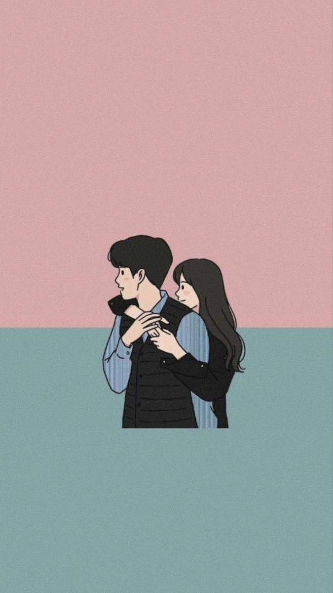 pink and green cute couple cartoon, soft pink and teal split background, tender illustrated couple, SD Phone Wallpaper