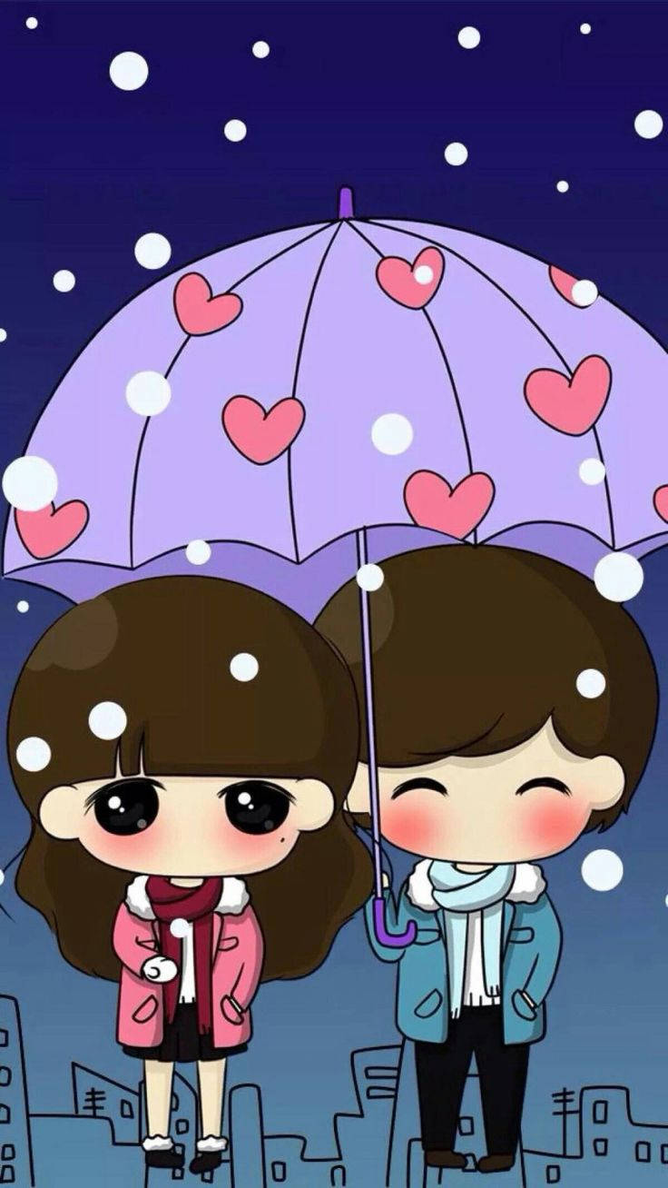 cute couple cartoon, purple umbrella, purple heart-patterned umbrella, HD Phone Wallpaper