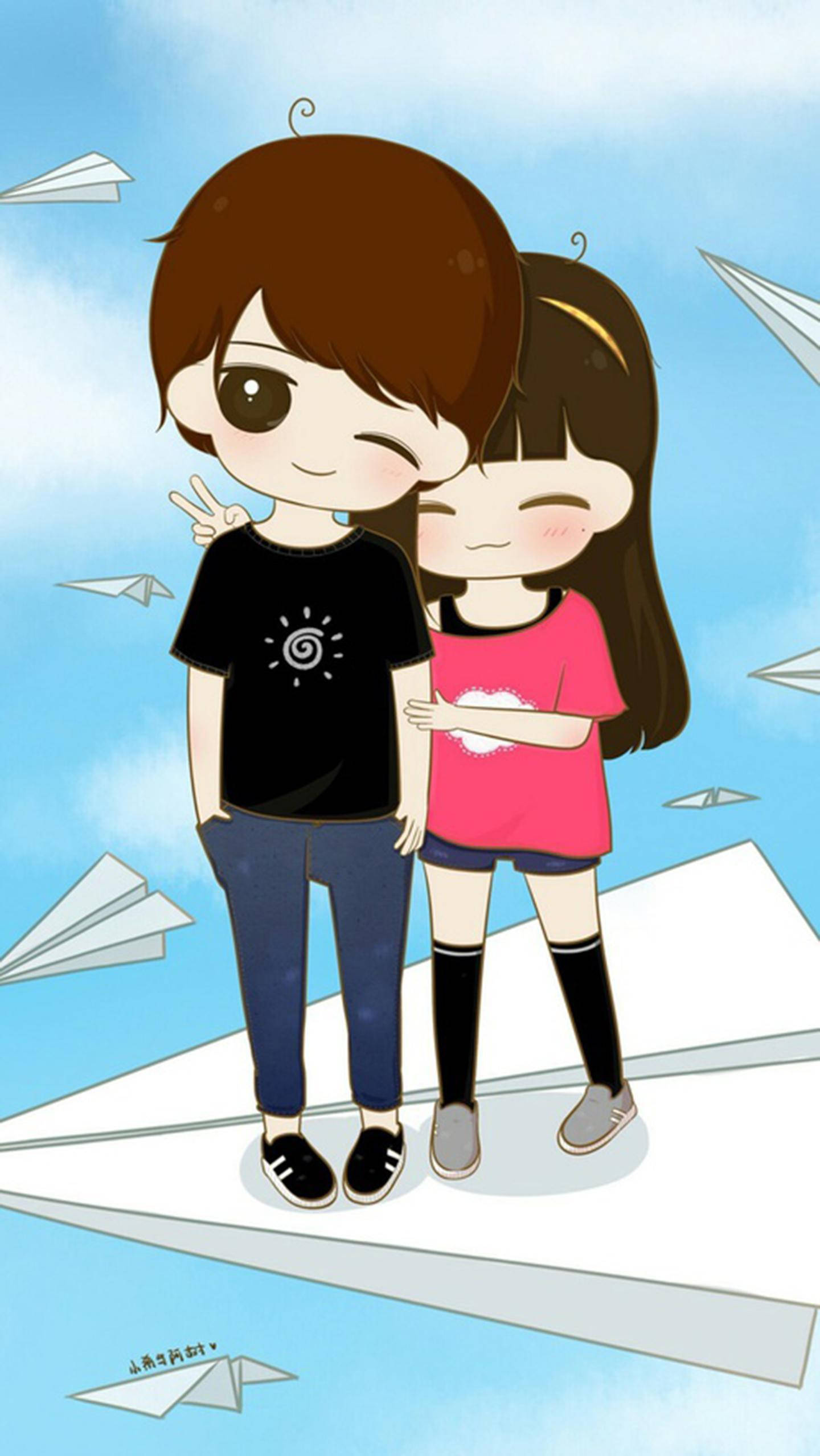 cute anime couple, paper airplane, bright blue sky, Full HD Phone Wallpaper