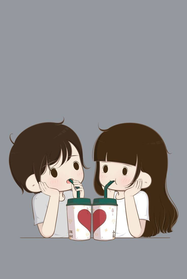 cute couple cartoon, heart cups, plain gray background, SD Phone Wallpaper
