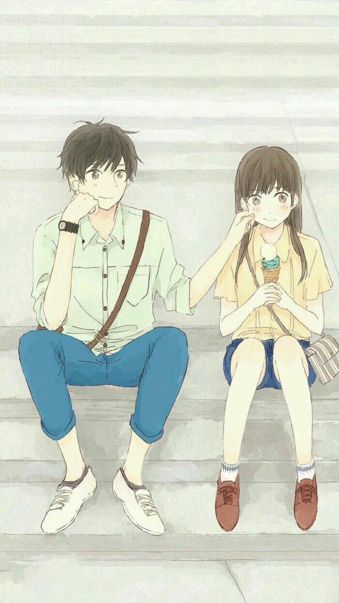 Cute Couple Cartoon, anime teens, concrete steps, SD Phone Wallpaper