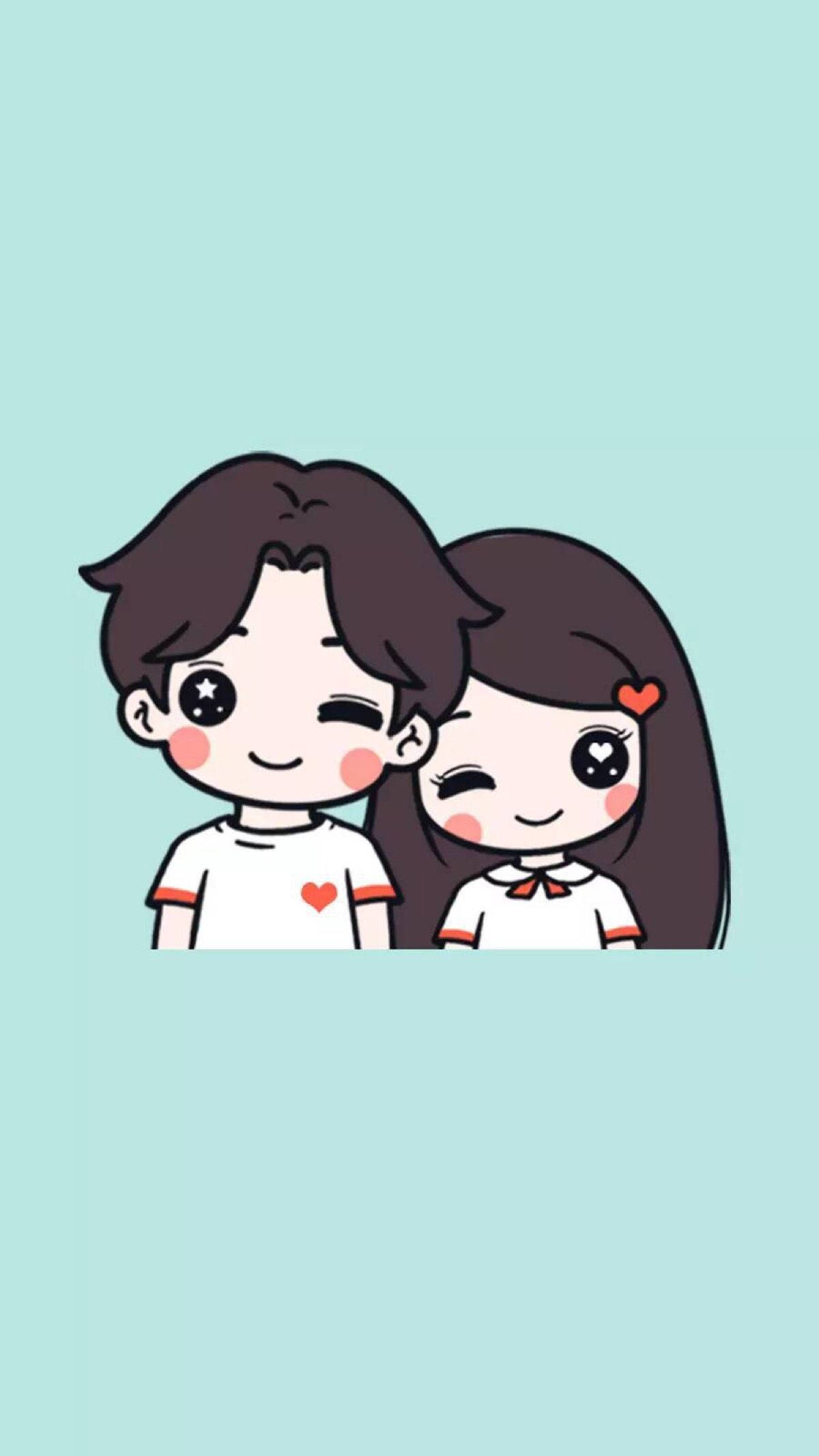 cute couple cartoon, mint green, anime-style lovers, Full HD Phone Wallpaper
