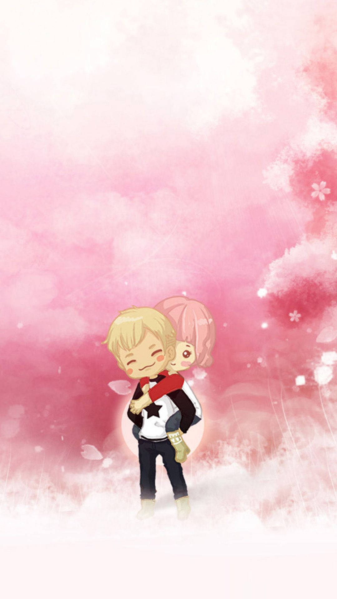 white and pink cute couple cartoon, chibi anime characters, soft pink floral background, Full HD Phone Wallpaper
