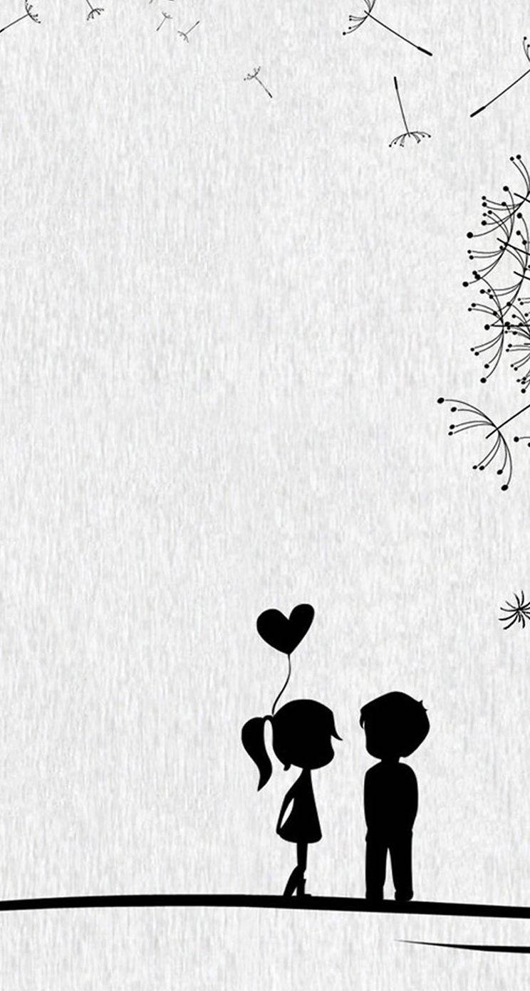 cute couple cartoon, grey and black, child silhouettes, HD Phone Wallpaper