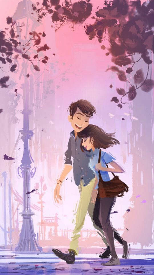 purple pink cute couple cartoon, dreamy pink-hued city street, falling autumn leaves, SD Phone Wallpaper