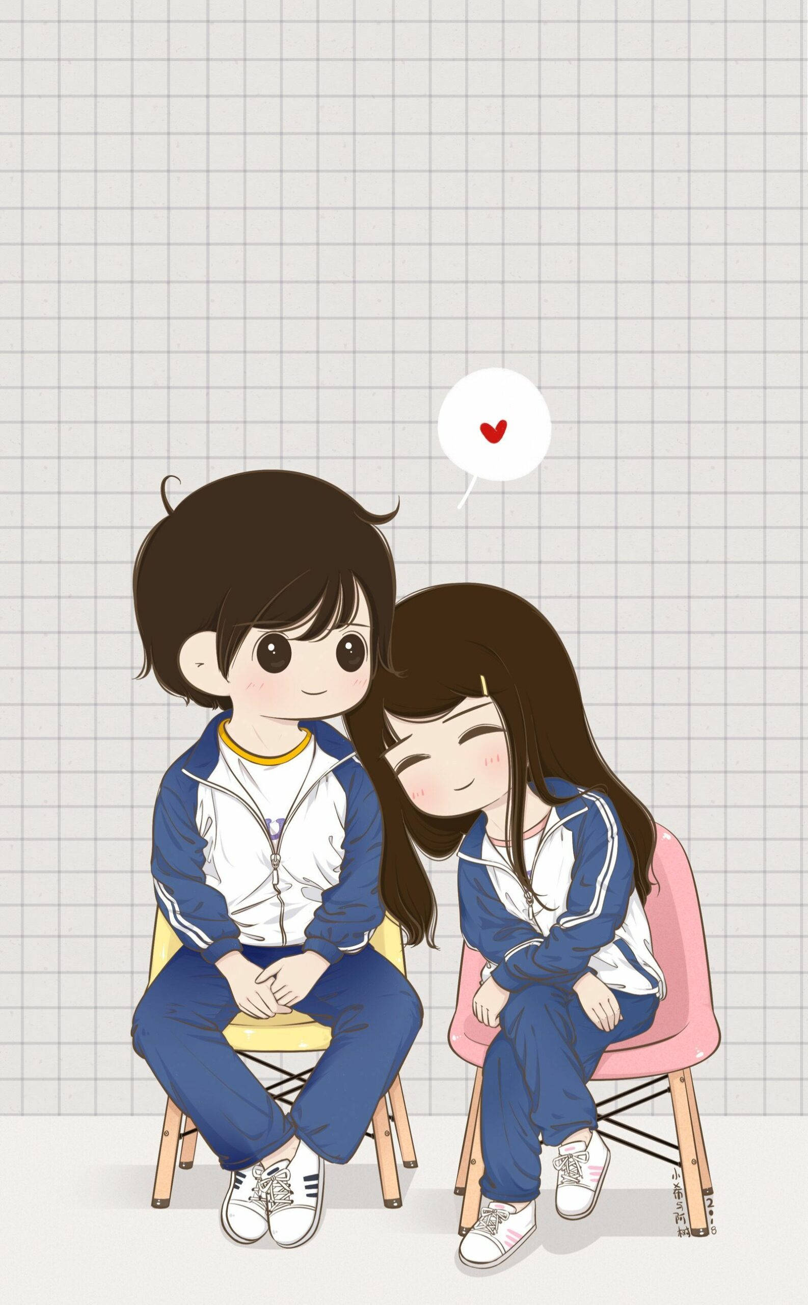 cute couple cartoon, blue student uniform, anime-style students, 2K Phone Wallpaper