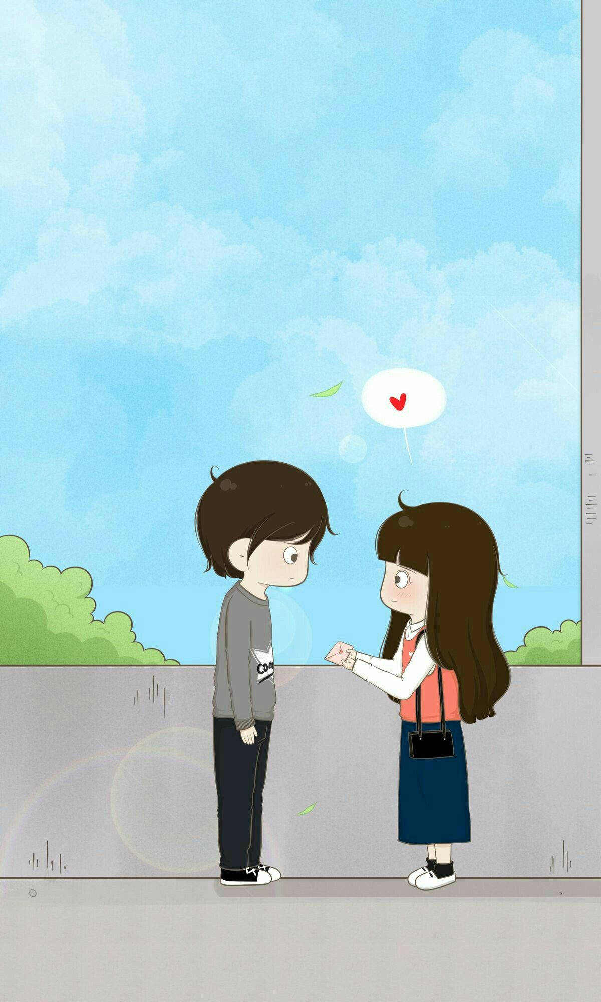 cute couple cartoon, blue sky, fluffy clouds, Full HD Phone Wallpaper