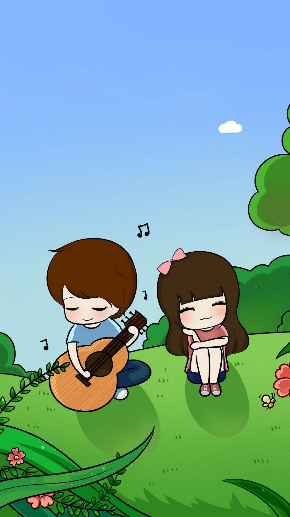 cute couple cartoon, music guitar, sunny grassy field, Full HD Phone Wallpaper