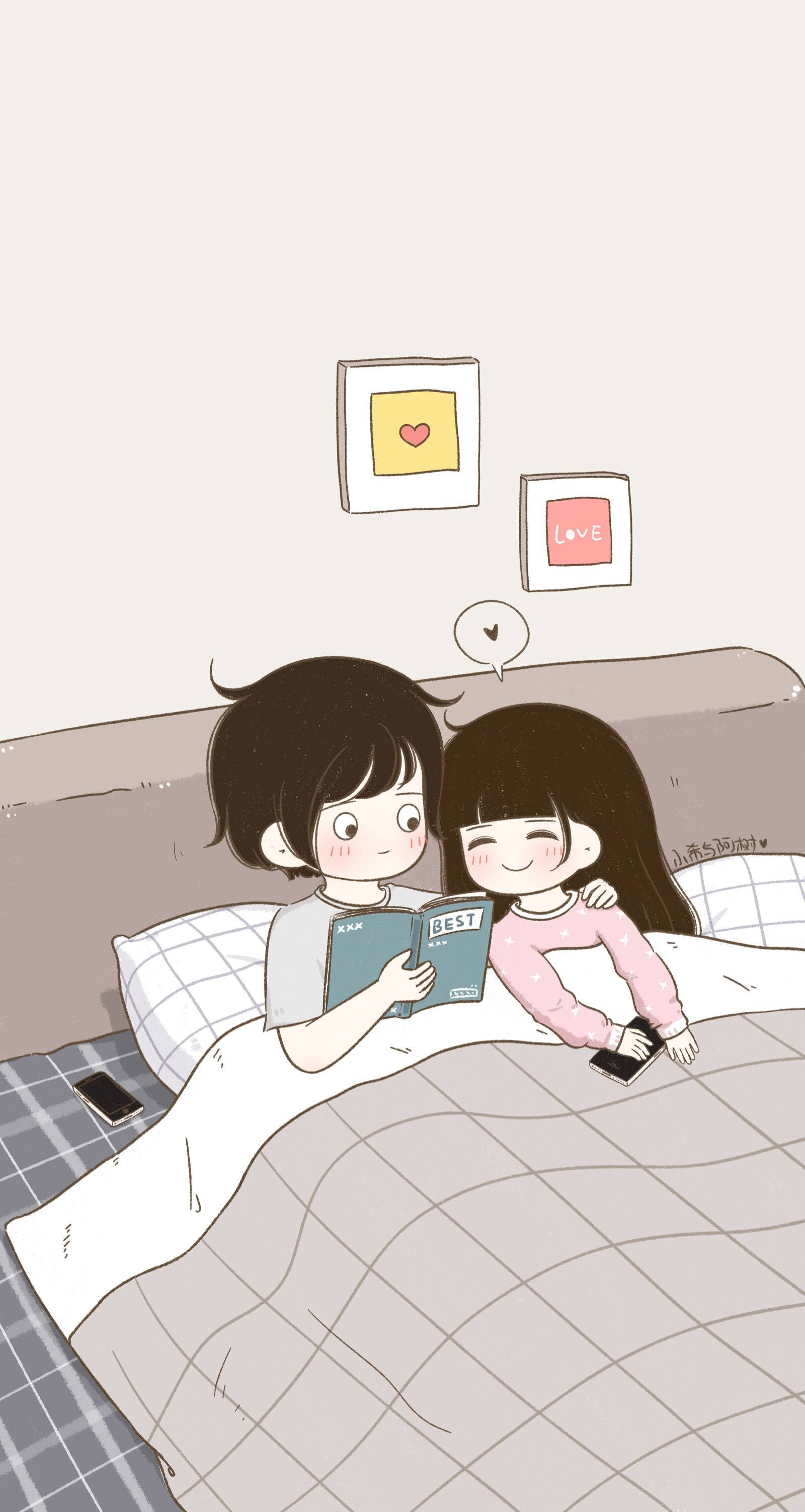Cute Couple Cartoon Bedroom Book, cartoon couple, bed, 2K Phone Wallpaper