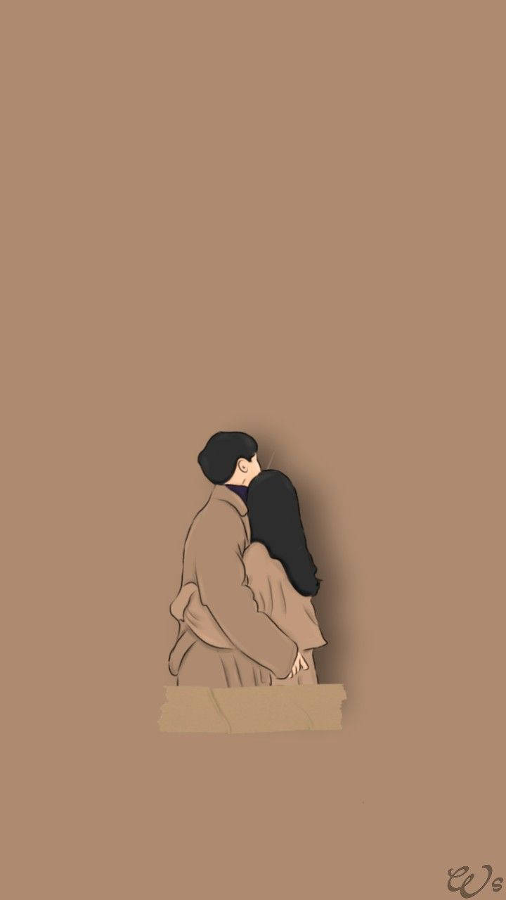 cute couple cartoon, brown background, minimalist illustration, HD Phone Wallpaper