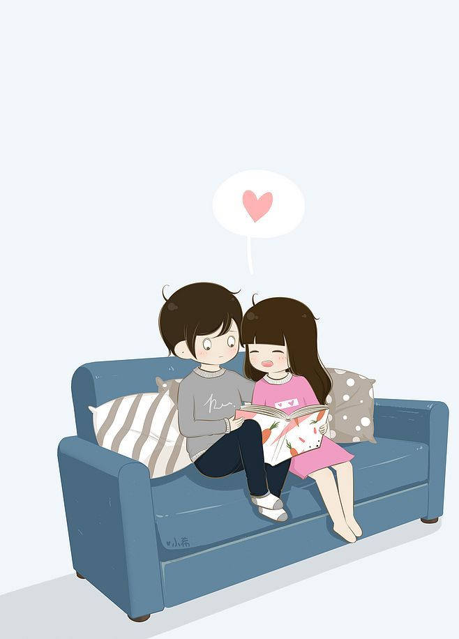 cute couple cartoon, blue sofa, sharing a book, SD Phone Wallpaper