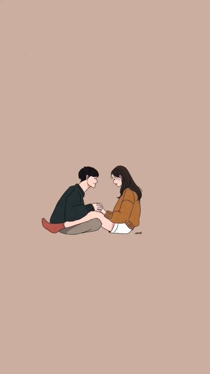 cute couple cartoon, light brown, beige background, HD Phone Wallpaper